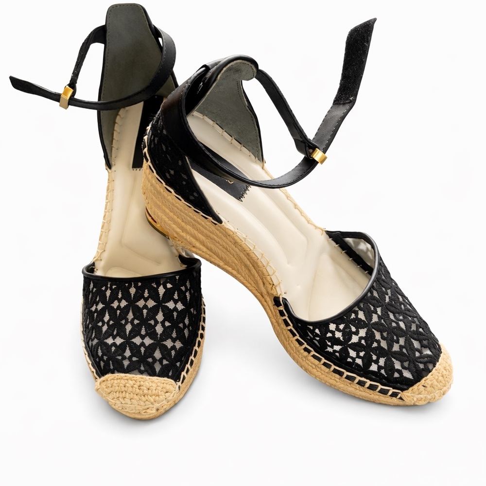 Franco Sarto Black Tan Espadrille Wedge Sandals Ankle